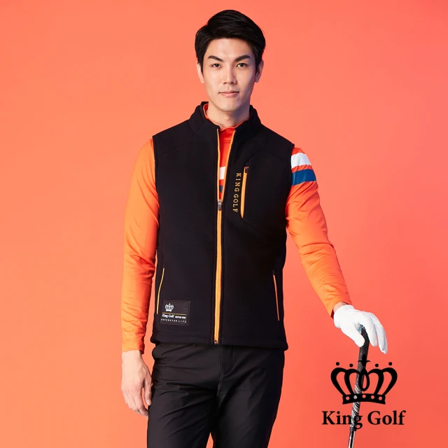 KING GOLF 網路限定款-男款LOGO印圖保暖搖粒絨刷毛剪裁厚款無袖背心(黑色)