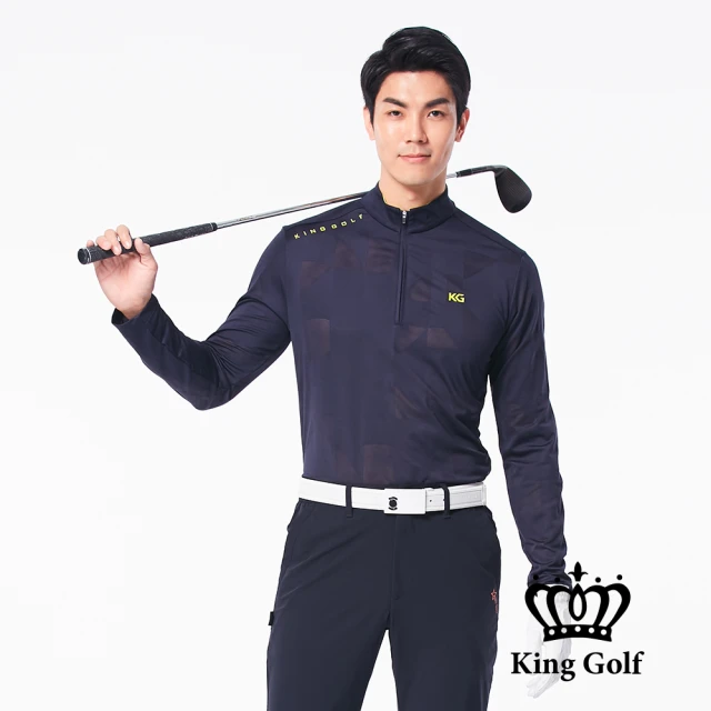 KING GOLF 網路限定款-男款LOGO印圖底布壓紋立領拉鍊長袖POLO衫(藍色)