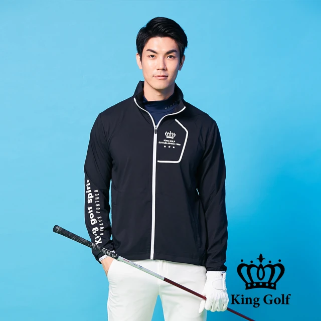 KING GOLF 網路限定款-男款LOGO印圖防風防水連帽長袖外套(黑色)