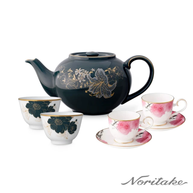 NORITAKE 金邊聖誕系列-中式茶壺+茶杯+咖啡對杯禮盒組(MOMO 獨家聖誕組合)