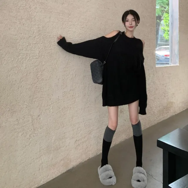 【D.studio】韓版法式氣質露肩寬鬆針織上衣(毛衣長袖上衣女裝衣服長袖t恤 保暖上衣秋冬女裝 S340)