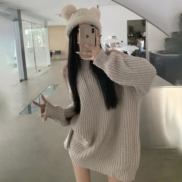 【D.studio】韓版法式氣質露肩寬鬆針織上衣(毛衣長袖上衣女裝衣服長袖t恤 保暖上衣秋冬女裝 S340)