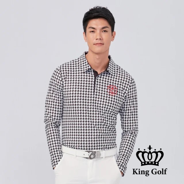 KING GOLF 網路限定款-男款肩上膠印胸前繡花中厚款款格紋長袖POLO衫(黑色)