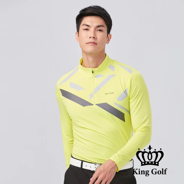 KING GOLF 網路限定款-男款線條撞色印圖小立領拉鍊長袖POLO衫(黃綠)