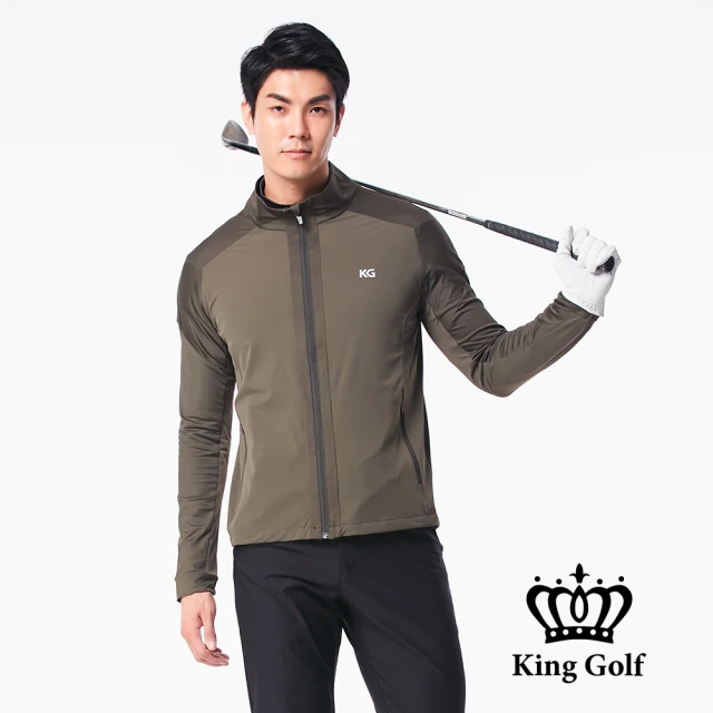 KING GOLF 網路限定款-男款KG印圖防風防水拉鍊素面長袖夾克外套(深綠)