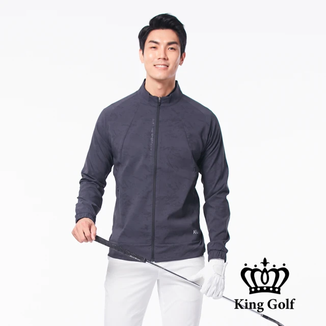 KING GOLF 網路限定款-男款口袋邊KG印圖防風防水拉鍊輕薄長袖夾克外套(黑灰)