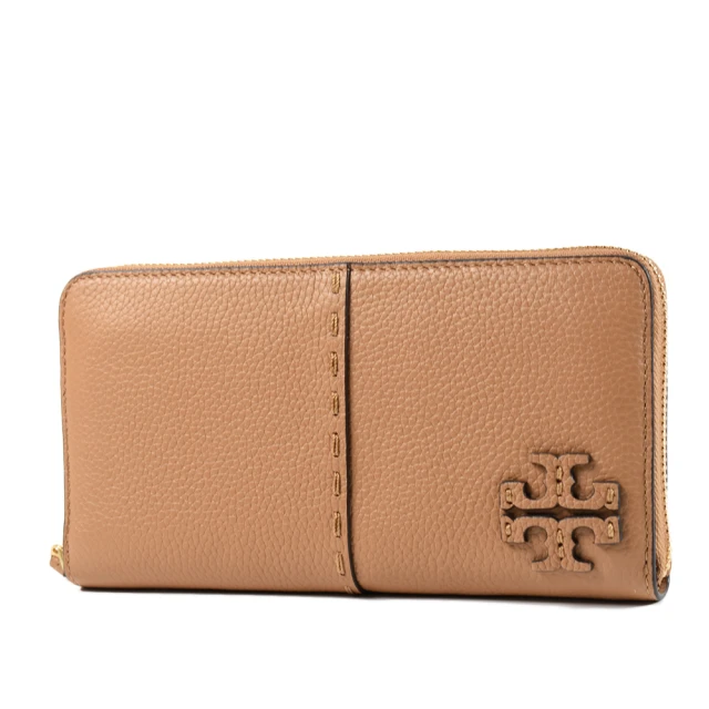 TORY BURCH 專櫃款 MCGRAW 皮雕LOGO拉鍊長夾-提拉米蘇