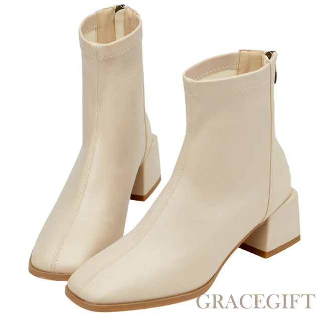 Grace Gift 直腿濾鏡方頭車線中跟襪靴(米白)評價推