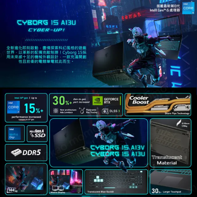 【MSI 微星】15.6吋i5 RTX4050 電競筆電(Cyborg 15/i5-13420H/16G/512G SSD/W11/A13VE-650TW)