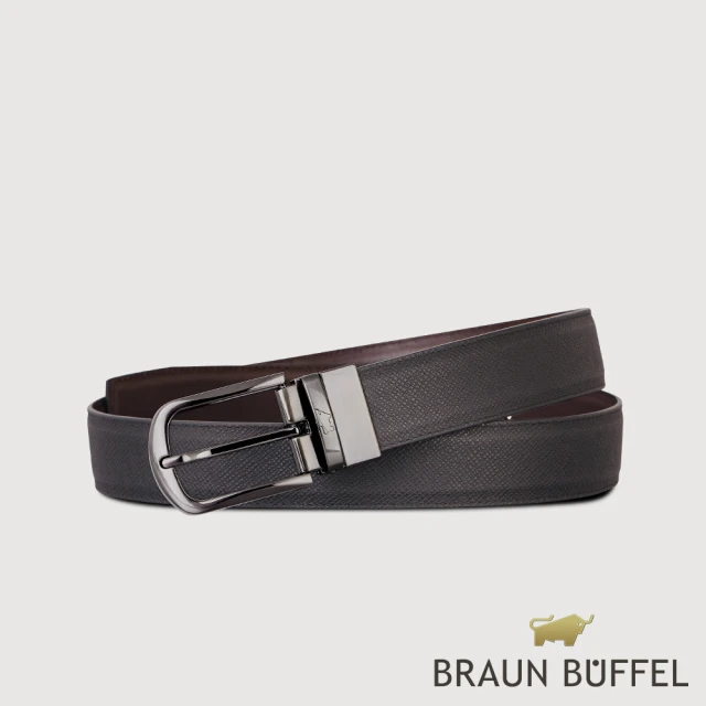 BRAUN BUFFEL 德國小金牛 台灣總代理 商務型男 圓頭壓印穿針式皮帶-鎗色(BF24S-RO228T-SGU)