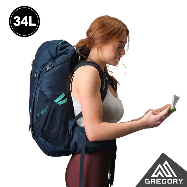 【Gregory】女 34L AMBER 登山背包 登山包 地衣綠 極境藍(透氣背板 臀帶 多日登山包 水袋包 睡袋隔間)
