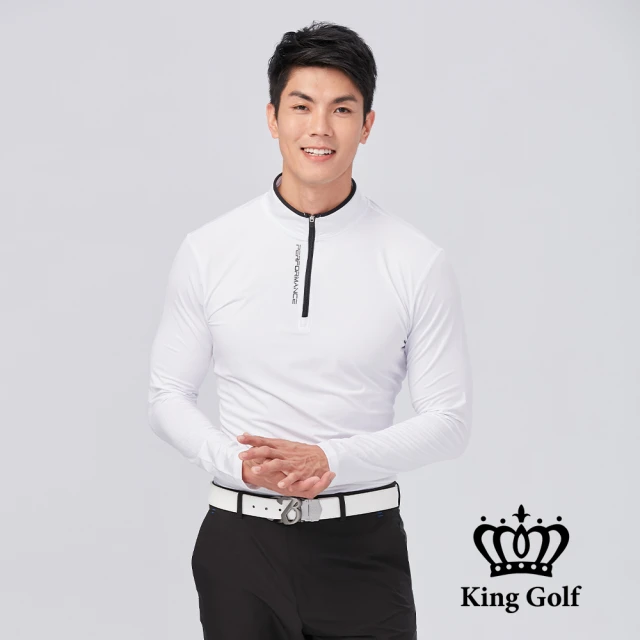 KING GOLF 網路限定款-男款拉鍊撞色印圖素面小立領拉鍊長袖POLO衫(白色)