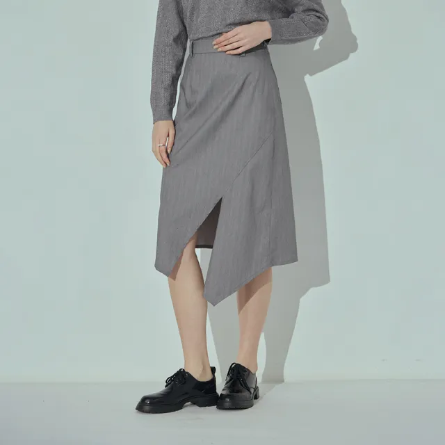【MASTINA】高腰三角開衩雙色西料中長裙(杏 灰/魅力商品)