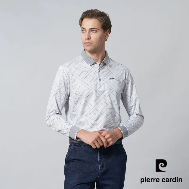 pierre cardin 皮爾卡登 商務休閒 男款 方格印花長袖POLO衫-灰藍色(5245267-37)