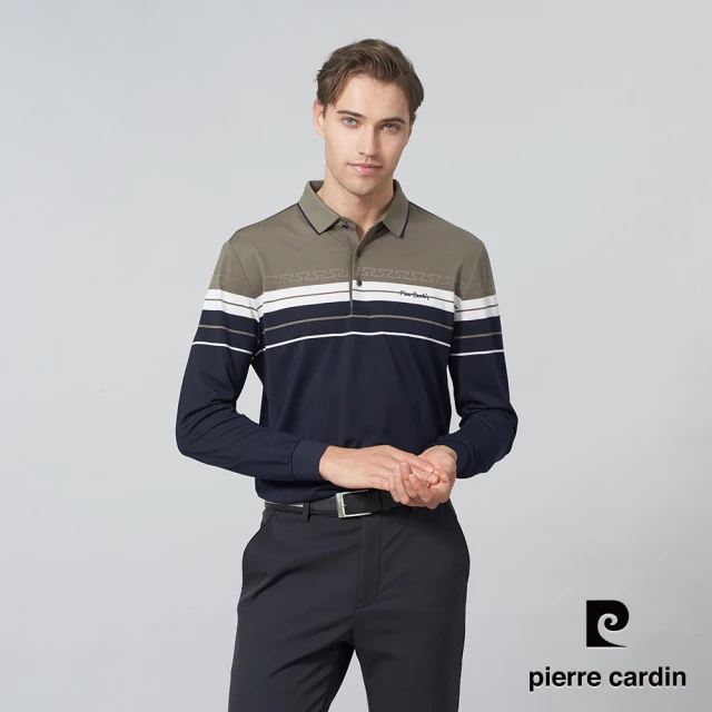 pierre cardin 皮爾卡登 商務休閒 男款 定位橫條長袖POLO衫-橄綠色(5245209-45)