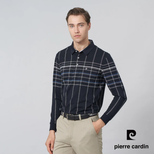 pierre cardin 皮爾卡登 商務休閒 男款 棉質混紡大定位印花長袖POLO衫-丈青色(5245256-38)