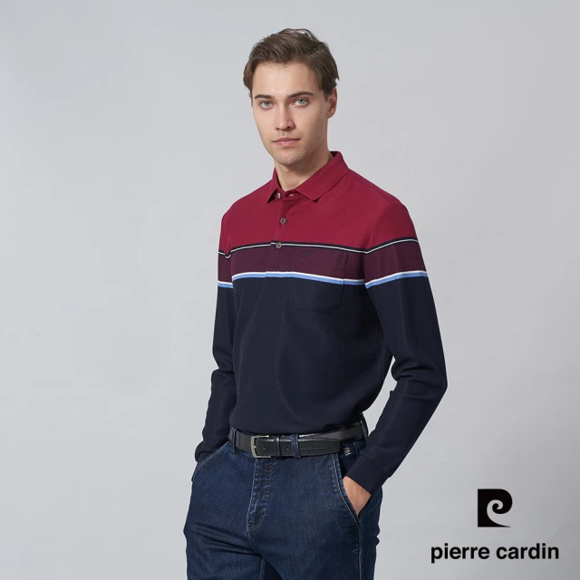 pierre cardin 皮爾卡登 商務休閒 男款 混紡棉定位橫條長袖POLO衫-紅色(5245214-78)