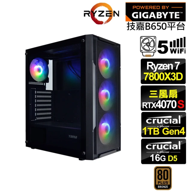 技嘉平台 R7八核RTX 4070 SUPER{特里同L2AC}電競電腦(R7-7800X3D/B650/16G D5/1TB/WIFI)