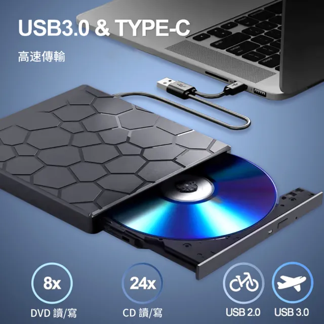 【YOLU】七合一 外接式CD/DVD讀取燒錄機 USB3.0/Type-C刻錄機/燒錄器/光碟機 SD/TF卡轉接外置光驅