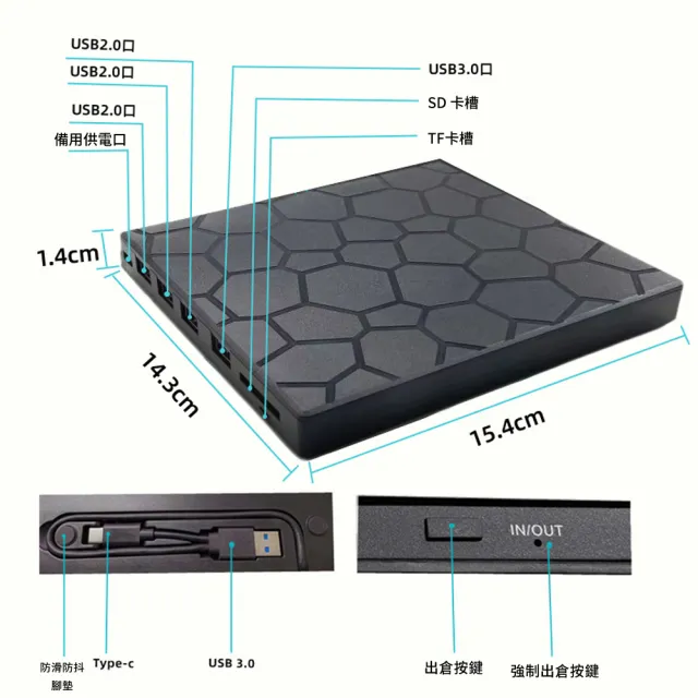 【YOLU】七合一 外接式CD/DVD讀取燒錄機 USB3.0/Type-C刻錄機/燒錄器/光碟機 SD/TF卡轉接外置光驅