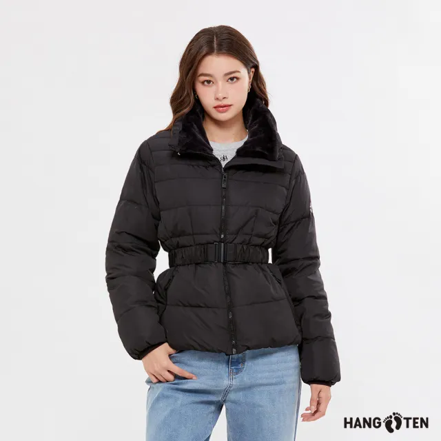 【Hang Ten】女裝-防風防輕潑水高領修身腰帶羽絨外套(黑)