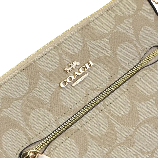 【COACH】新版經典C字LOGO印花拼接大方包斜背包(卡其/白邊)