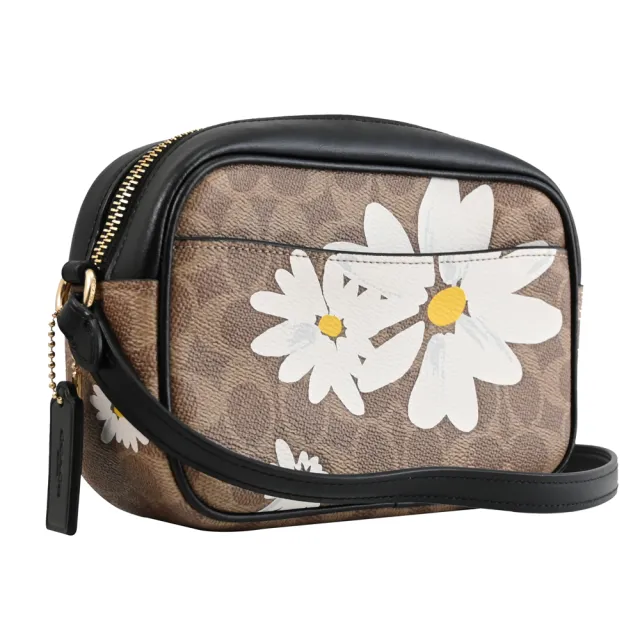 【COACH】限定經典C字花卉印花拼接方包相機包斜背包(駝/黑邊)