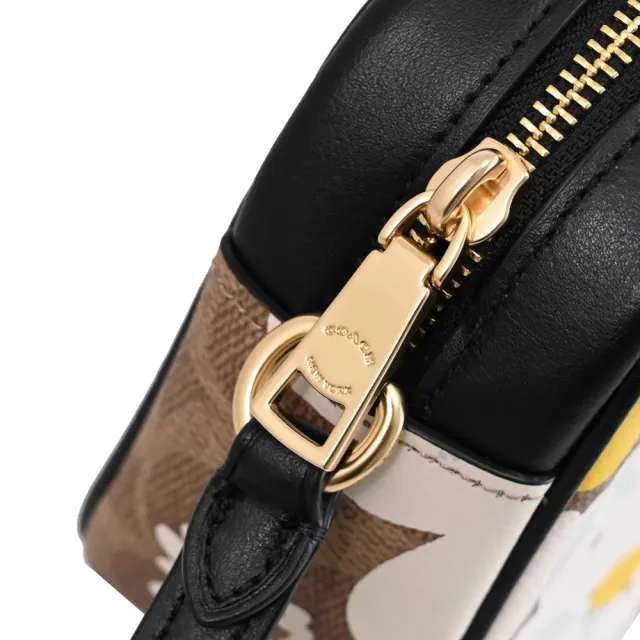 【COACH】限定經典C字花卉印花拼接方包相機包斜背包(駝/黑邊)