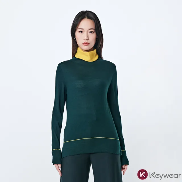 【KeyWear 奇威名品】拼接撞色高領蠶絲毛衣