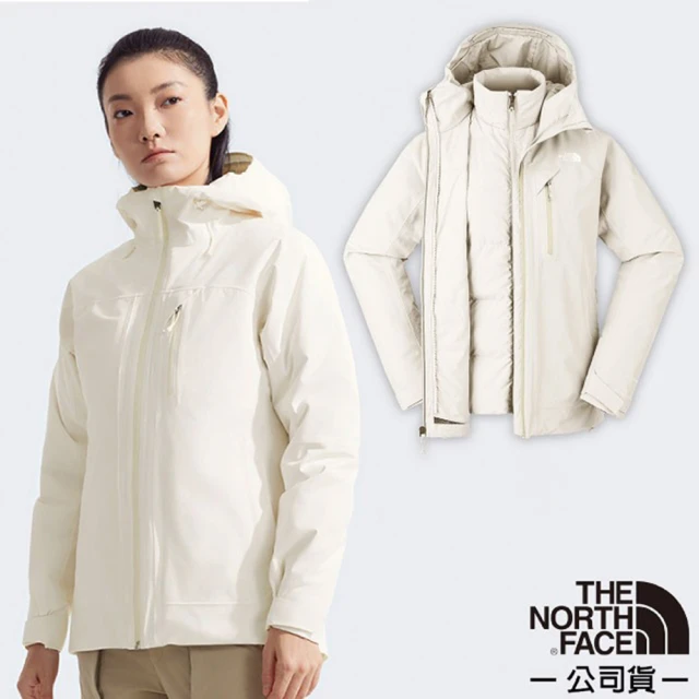 The North Face 女 DRYVENT 兩件式防風防水透濕保暖連帽外套.羽絨夾克(89Y7-QLI 沙丘白)