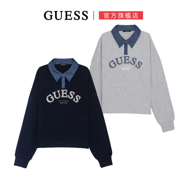 GUESS 撞色翻領LOGO學院風大學T(兩色任選)