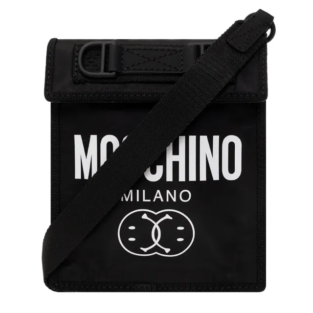 【MOSCHINO】Smiles 標誌印花尼龍手機側背包 黑色(2A8110-8223-1555)