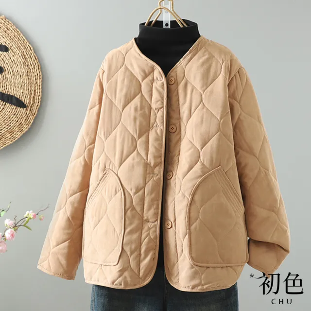 【初色】復古菱形格紋圓領長袖排釦棒球服鋪棉外套女外套-共3色-39064(M-2XL可選)