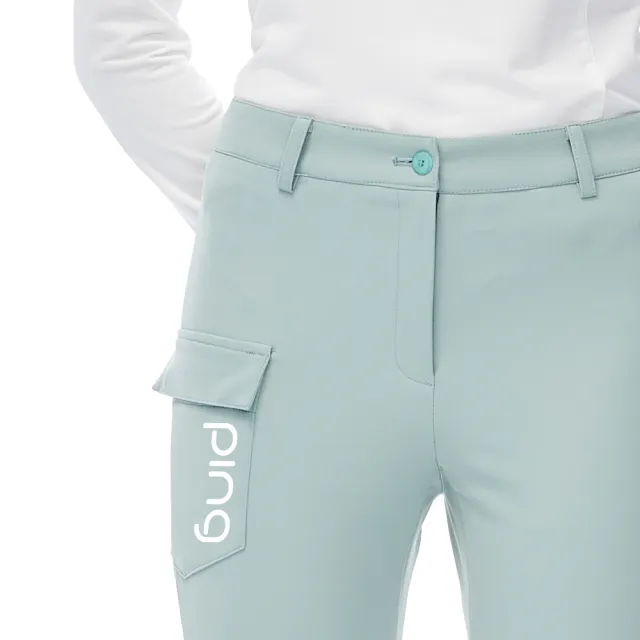 【PING】女款LOGO貼袋後腰鬆緊帶高彈性長褲-淺綠(GOLF/高爾夫球褲/RE23202-43)