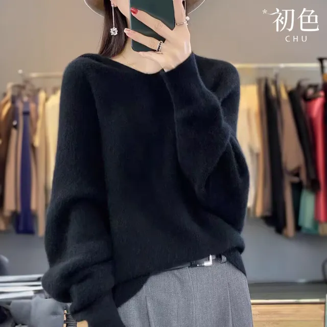 【初色】韓版慵懶風純色長袖蝙蝠袖連帽針織衫羊毛衫上衣女上衣-共6色-39010(F可選/現貨+預購)