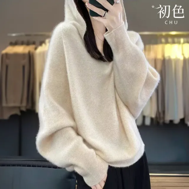 【初色】韓版慵懶風純色長袖蝙蝠袖連帽針織衫羊毛衫上衣女上衣-共6色-39010(F可選/現貨+預購)