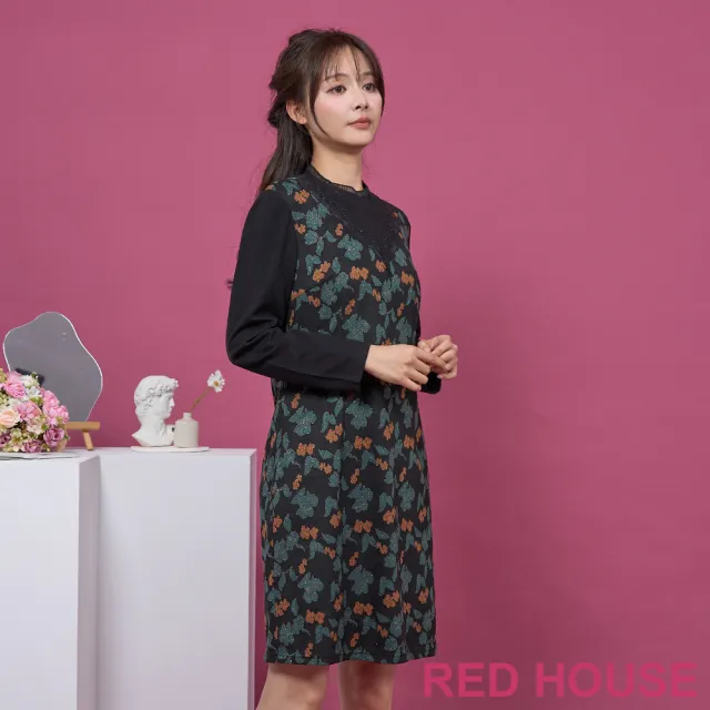 【RED HOUSE 蕾赫斯】金蔥花朵假兩件式洋裝(綠色)