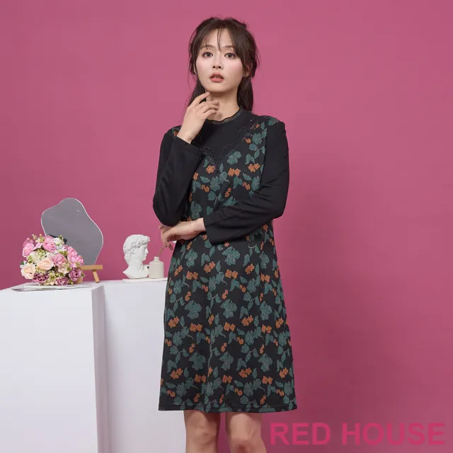 【RED HOUSE 蕾赫斯】金蔥花朵假兩件式洋裝(綠色)