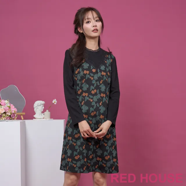 【RED HOUSE 蕾赫斯】金蔥花朵假兩件式洋裝(綠色)