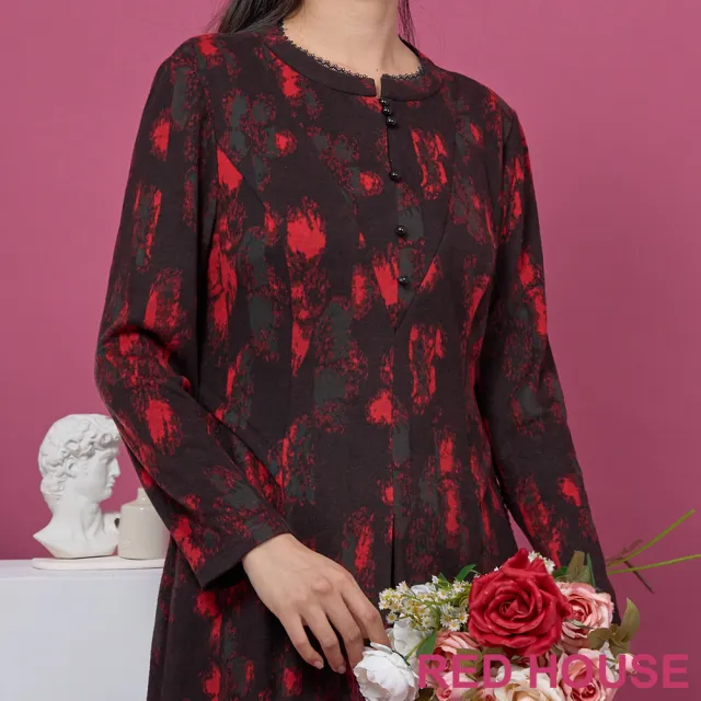 【RED HOUSE 蕾赫斯】典雅水墨印花磨毛長洋裝(紅色)