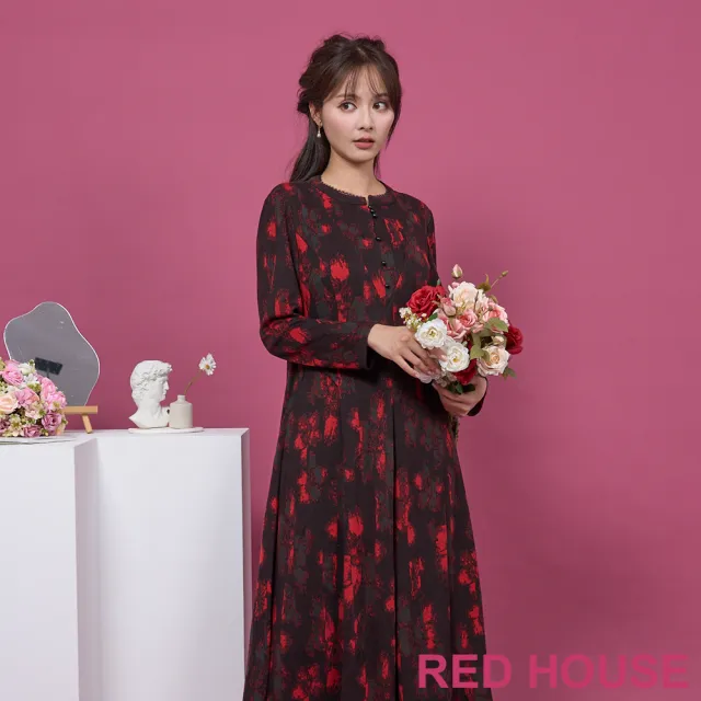 【RED HOUSE 蕾赫斯】典雅水墨印花磨毛長洋裝(紅色)