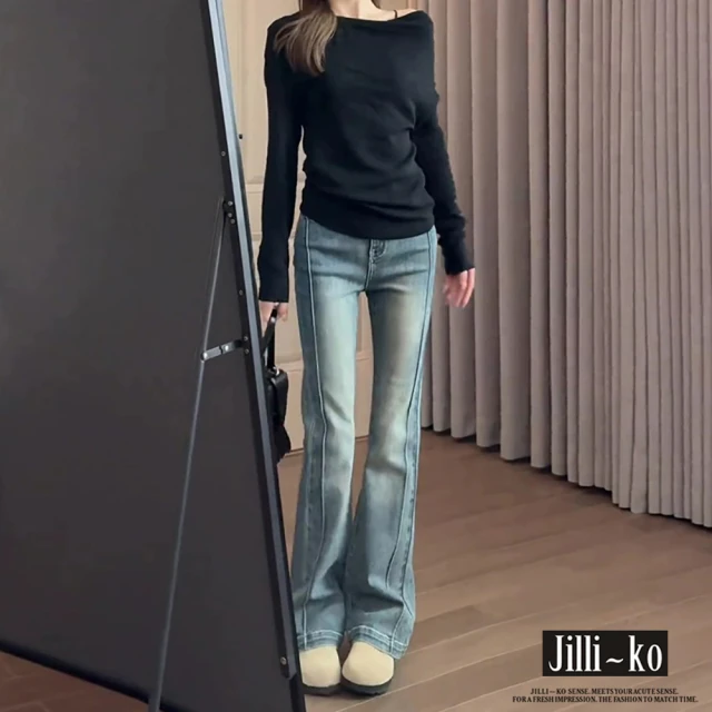 JILLI-KO 牛仔微喇長褲女修身直筒拼接高腰馬蹄喇叭褲-M/L/XL/2XL(藍)