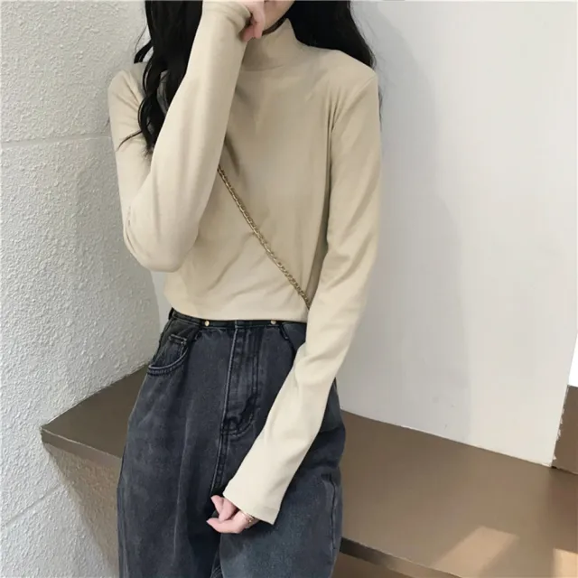 【D.studio】韓版半高領薄內刷毛內搭顯瘦長袖上衣(女裝衣服寬鬆上衣顯瘦上衣長袖t恤冬裝發熱衣 W321)