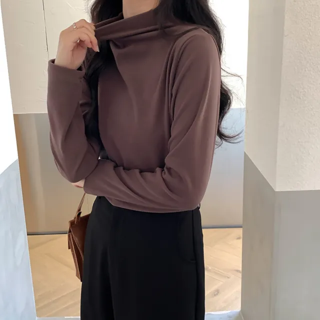 【D.studio】韓版半高領打底長袖上衣(女裝 衣服 寬鬆上衣 顯瘦上衣 長袖t恤 冬裝 發熱衣 素T W321)