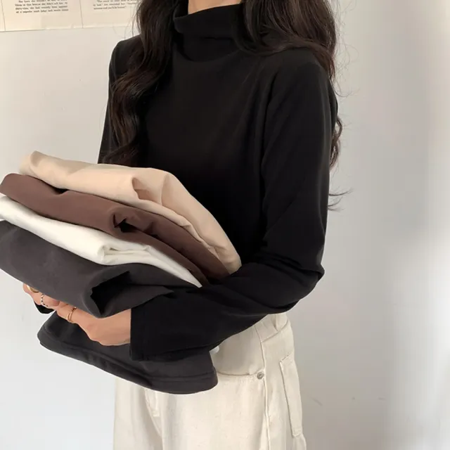 【D.studio】韓版半高領打底長袖上衣(女裝 衣服 寬鬆上衣 顯瘦上衣 長袖t恤 冬裝 發熱衣 素T W321)
