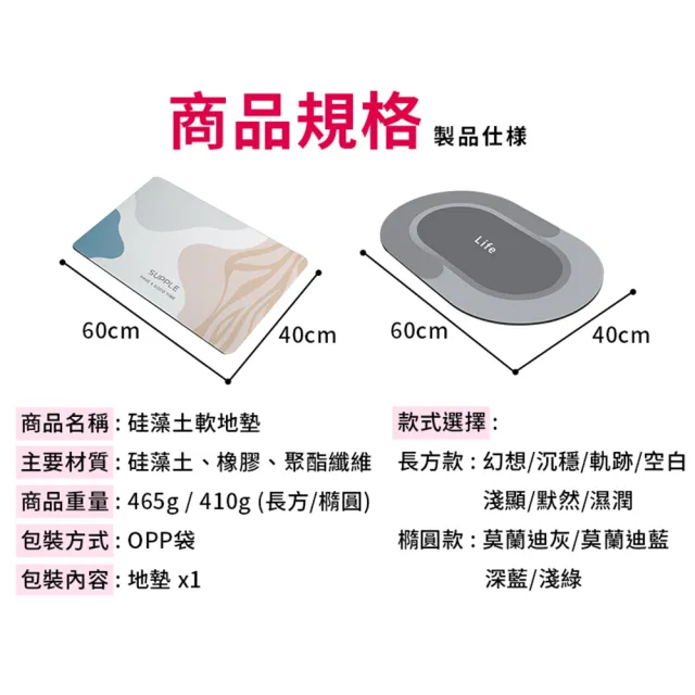 【DREAMCATCHER】軟式硅藻土地墊(60x40cm浴室地墊 廁所地墊 吸水地墊 防滑地墊 腳踏墊)