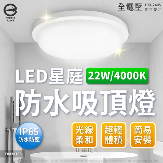 【Everlight 億光】2入 LED 星庭 22W IP65 防水防塵等級 戶外照明 吸頂燈(黃光/自然光/白光) 全電壓