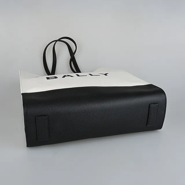 【BALLY】BALLY Bar燙印黑字LOGO設計帆布拼接牛皮手提托特包(白x黑)
