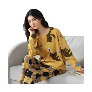【AMIE 艾米韓系】韓國熊熊長袖棉紗法式家居休閒套裝(休閒 睡衣 休閒服)