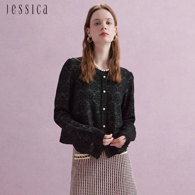 【JESSICA】氣質甜美小方領緹花羊毛針織上衣外套J44502
